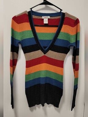 Vintage Y2K POUT Rainbow Striped Ribbed Knit V-Neck Sweater Size L